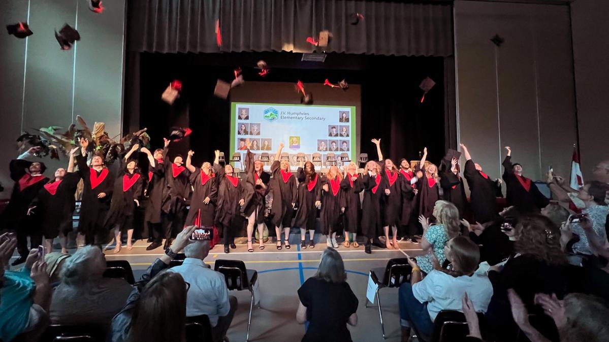 High school students in caps and gowns throw their caps in the air after graduating