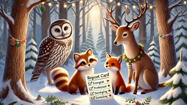 A group of forest animals in winter gathered around a report card.